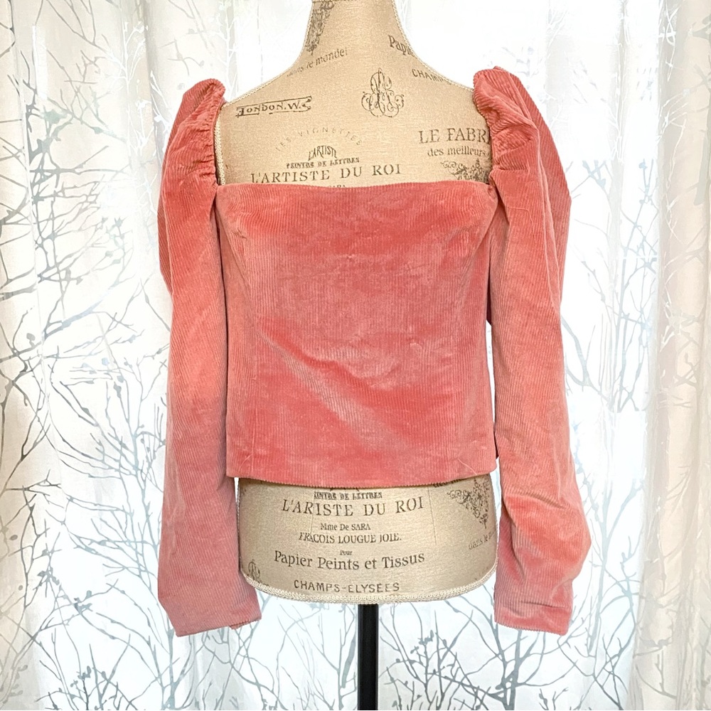 LPA pink Corduroy Zip Up Bustier long puffy puff sleeve square neck top - Picture 6 of 15